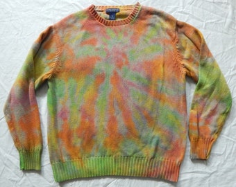 Tie Dye Orange Yellow Green Crew Pullover Sweater - XL Mens Cotton Hand Made