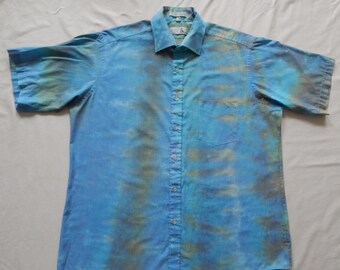 Tie Dye Blue Brown Striped Short Sleeve Button Down Shirt - Large Mens Hand Made Psychedelic