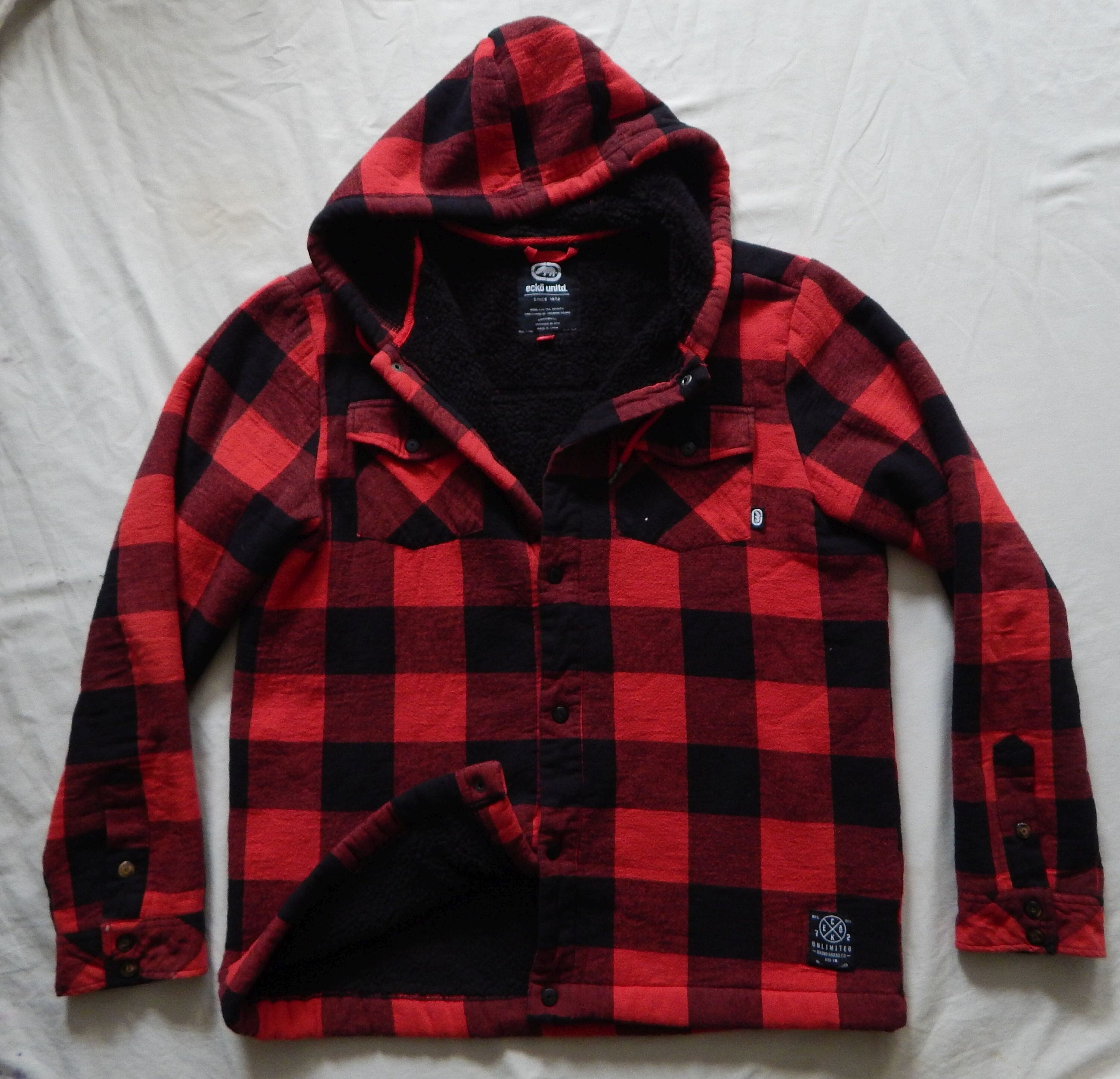 Fleece Red Black Plaid Lined Flannel Hooded Work Shirt Jacket Large Mens Quilted Etsy