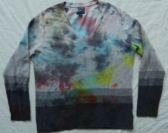 Tie Dye Black Rainbow V-Neck Pullover Sweater - XL Mens Hand Made Hilfiger