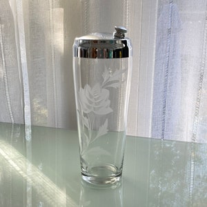 Vintage Etched Flower Glass Cocktail Shaker