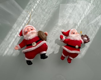 Vintage Mid-Century Pair of Flocked Sporty Santas