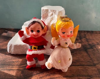 Vintage Mid-Century Flocked Pixie Elf / Angel Ornaments (Set of 2)