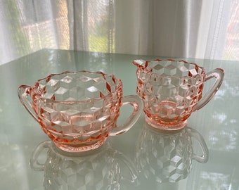 Vintage Pink Fostoria Glass Cubist Style Cream and Sugar Bowl