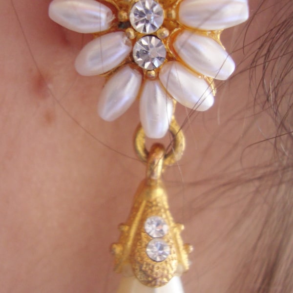 PEARL GOLD EARRINGS Rhinestone Bridal Stud Pierced Drop Bullet Vintage Wedding Jewelry Swarovski Crystals Dangle Formal 2 Pieces Stunning