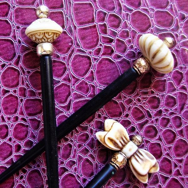 HAIR PINS STICK (3) Asian Accessories Black Ivory Chinese Vintage Hairpin Japanese Buns Chignons Acrylic Traditional Ornaments 80s Retro