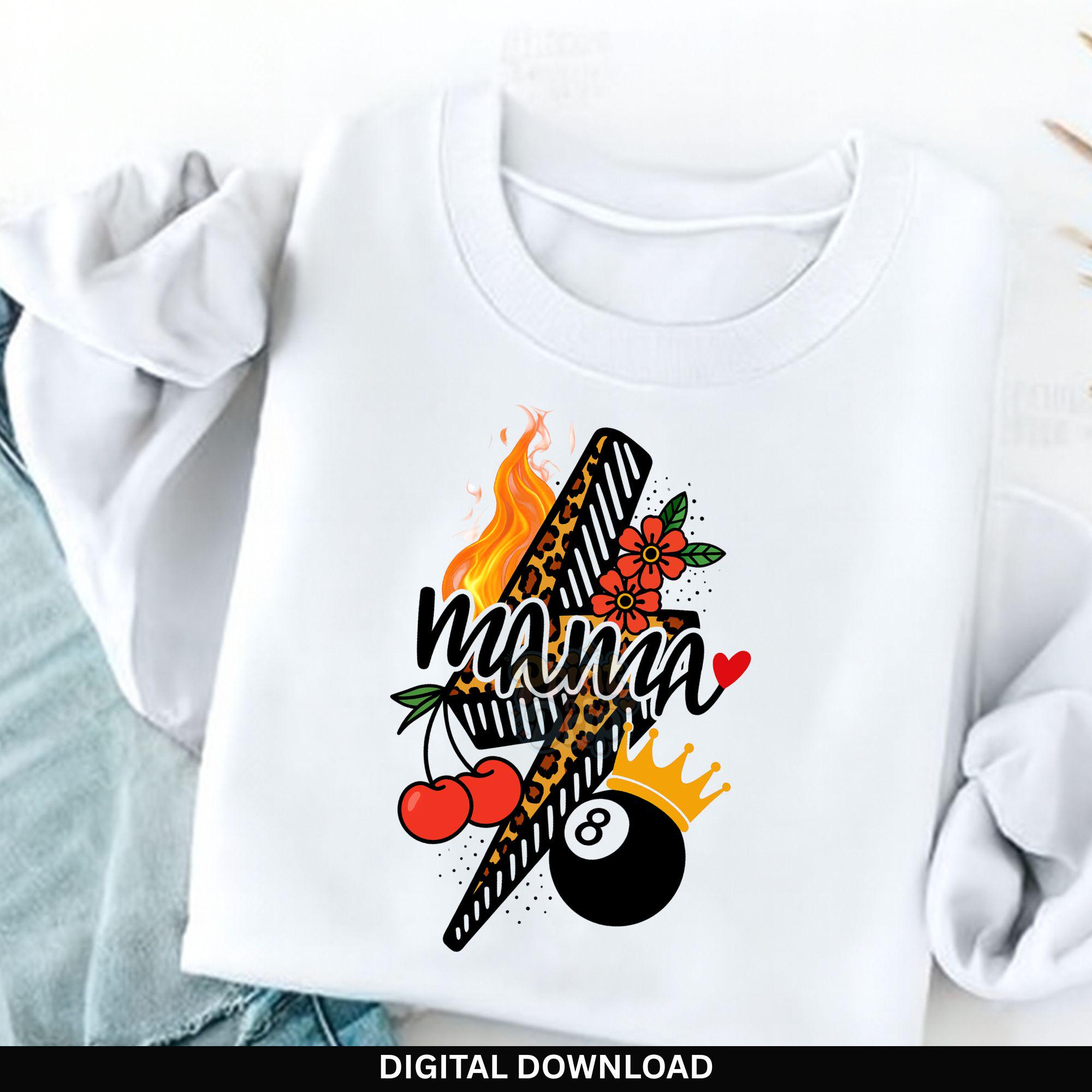 Coole Mama PNG Sublimation | Leopard Blitz Mom Design | Kirschkrone Flamme Digitaler Download | Retro Tattoo Style Shirt