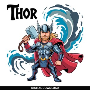 Arte Digital PNG do Super-Herói Deus do Trovão | Gráfico de Super-Herói Cartunesco para Imprimir | Ilustração de Herói Poderoso para Camisetas | Download Instantâneo