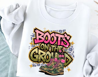 Stiefel auf Boden | Camouflage und Blumen PNG T-Shirt Design | Bunter, farbenfroher Stil Digital Art | Sofortdownload | Militär Stiefel Art