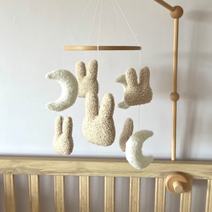 Bunny and moon mobile boucle mobile handmade baby mobile bunny mobile nursery decoration neutral baby mobile neutral nursery decor bunny