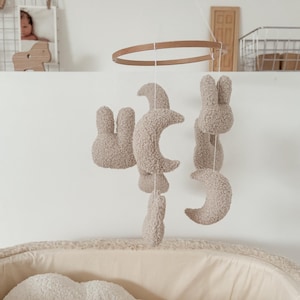 Bunny and moon mobile boucle mobile handmade baby mobile bunny mobile nursery decoration neutral baby mobile neutral nursery decor bunny