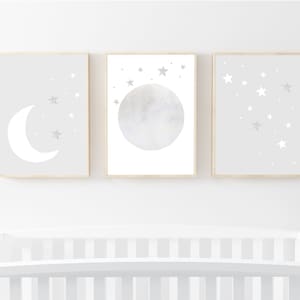 Nursery prints set of 3 prints for nursery prints download moon and stars nursery prints white and grey nursery prints gender neutral grey