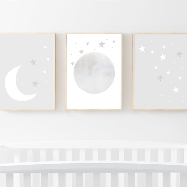 Nursery prints set of 3 prints for nursery prints download moon and stars nursery prints white and grey nursery prints gender neutral grey