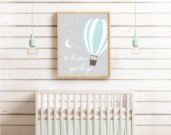 Hot air balloon Print mint green white grey nursery children's bedroom decoration Unisex Baby Shower Gift Newborn moon