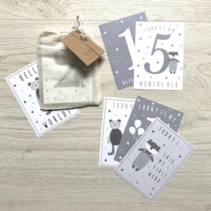 Jeu de 24 cartes jalons Animaux de la forêt, neutres en matière de genre, gris blanc, cadeau de naissance unisexe, cadeau de naissance