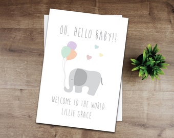 New baby card personalised oh hello baby card gender neutral new baby card unisex new baby card boy new baby card girl elephant baby card