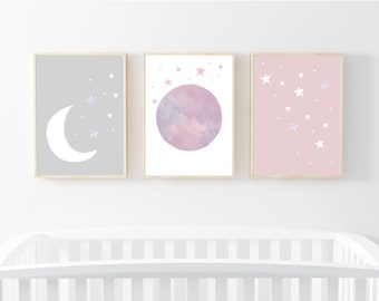 Nursery prints set of 3 prints for nursery prints moon and stars nursery prints pink and grey nursery prints girl pink grey moon print
