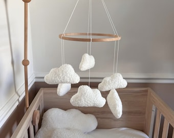 Boucle mobile handmade baby mobile clouds mobile baby nursery decoration neutral baby mobile neutral nursery decor boucle clouds