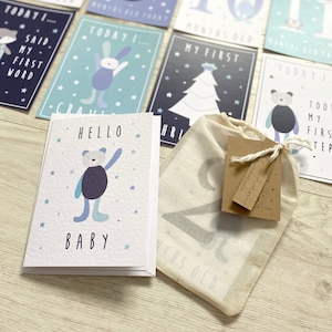 Ensemble de cartes étape importante pour bébé, bleu marine, menthe turquoise, blanc, cadeau de baby shower pour bébé garçon, animal mignon, cadeau nouveau-né, cadeau pour bébé