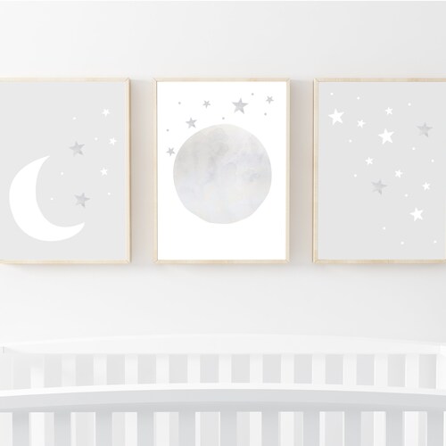 Lot de 3 impressions pour chambre d'enfant à télécharger lune et étoiles, impression pour chambre d'enfant, blanc et gris, impression pour chambre d'enfant, gris neutre