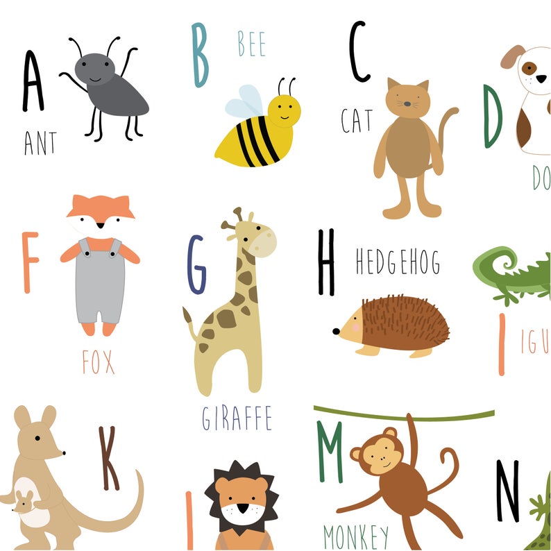 Animal Alphabet Print Printable PDF Print at Home Nursery Etsy