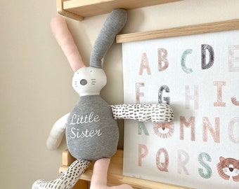 Personalised Nursery Bunny Soft Toy – Handmade Embroidered Gift - Pink/Grey/White