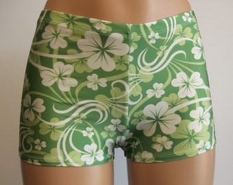 Saint Patrick's Day Clover Print Spandex Booty Shorts Stretch Shorts Girls Women Gym Cheer Dance Yoga Rave Pole Cosplay Costume Custom