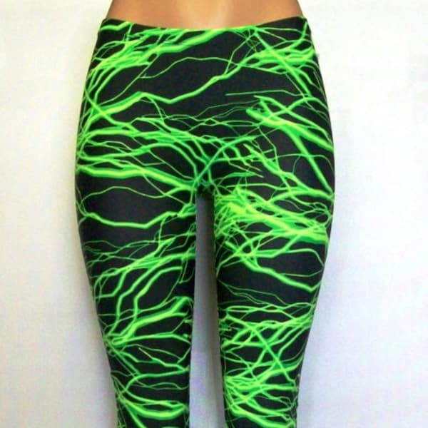 Glow Under Blacklight Storm Lightning Leggings in 5 Bright Colors!!  Stretch Spandex great for Glo Parties Rave Roller Derby Cosplay Costume