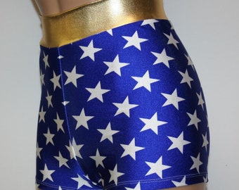 Blue Star Superhero High Waist Booty Shorts.  Great for Halloween, Cosplay, Independence Day, Dance and More!!