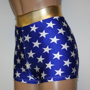 Blue Star Superhero Booty Shorts: Gold Waistband Cosplay