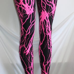Glow Under Blacklight Storm Lightning Leggings in 5 Bright Colors Stretch Spandex great for Glo Parties Rave Roller Derby Cosplay Costume Pink