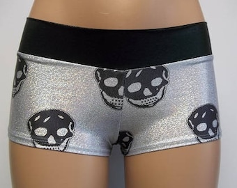 Skull Hologram Booty Shorts with a  Sexy Cheeky Cut. Comes in Regular and Plus Size. Great for Roller Derby, Pole, Dance, Pirate Costume!