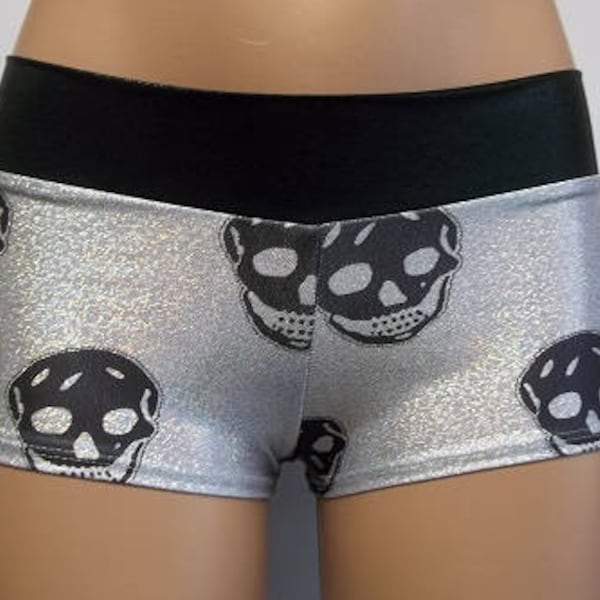 Skull Hologram Booty Shorts with a  Sexy Cheeky Cut. Comes in Regular and Plus Size. Great for Roller Derby, Pole, Dance, Pirate Costume!