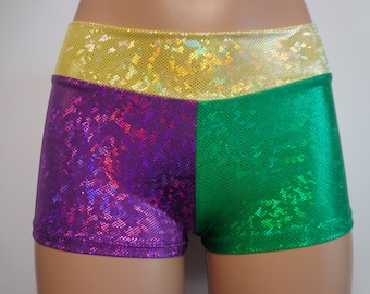 Mardi Gras Booty Shorts - Purple, Green, Gold - Youth and Adult - Shattered Glass Fabric