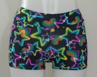 Hearts and Stars Print Booty Shorts - Glow Under Blacklight!