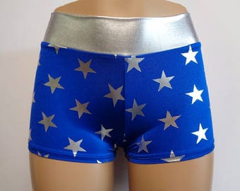 Pantaloncini corti in spandex da supereroe: blu con stelle argentate, costume per cosplay
