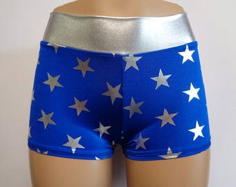 Metallic Superhero Booty Shorts Mid Rise or High Waist. Blue Spandex w/Silver Metallic Stars & Waistband. Great for Cosplay or Halloween!!