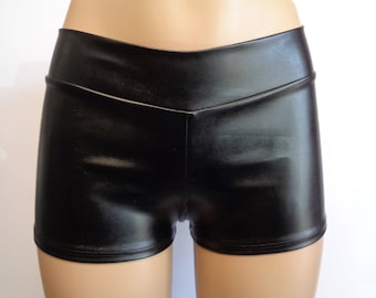 Black Pleather Faux Leather Booty Shorts with Waistband - Great for Raves, Dance, Costume, Pole, Night on the Town and more!