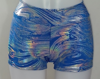 Blue and Silver Swirl Hologram Booty Shorts