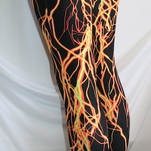 Glow Under Blacklight Storm Lightning Leggings in 5 Bright Colors Stretch Spandex great for Glo Parties Rave Roller Derby Cosplay Costume Orange