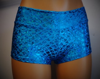 15 Colors Mermaid Booty Shorts Sexy Cheeky Cut Shiny Sparkle Stretch Hologram Fish Scale Roller Derby Costume Custom Rave Cosplay EDC Pole