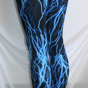 Glow Under Blacklight Storm Lightning Leggings in 5 Bright Colors Stretch Spandex great for Glo Parties Rave Roller Derby Cosplay Costume Blue