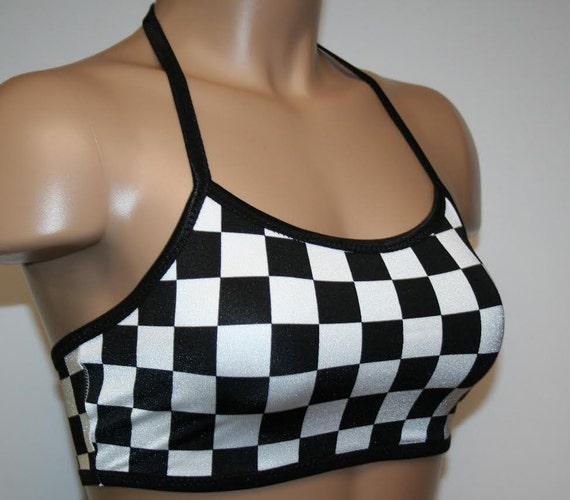 4 Designs Black and White Sports Bra Top Checker Flag Nascar Race Diamond  Stripe Triangle 