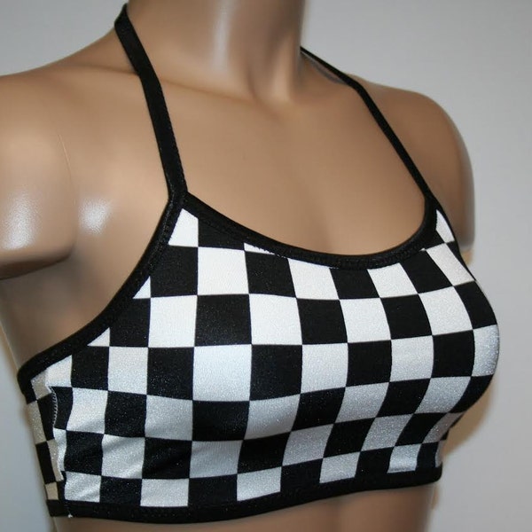 4 Designs Black and White Sports Bra Top Checker Flag Nascar Race Diamond Stripe Triangle