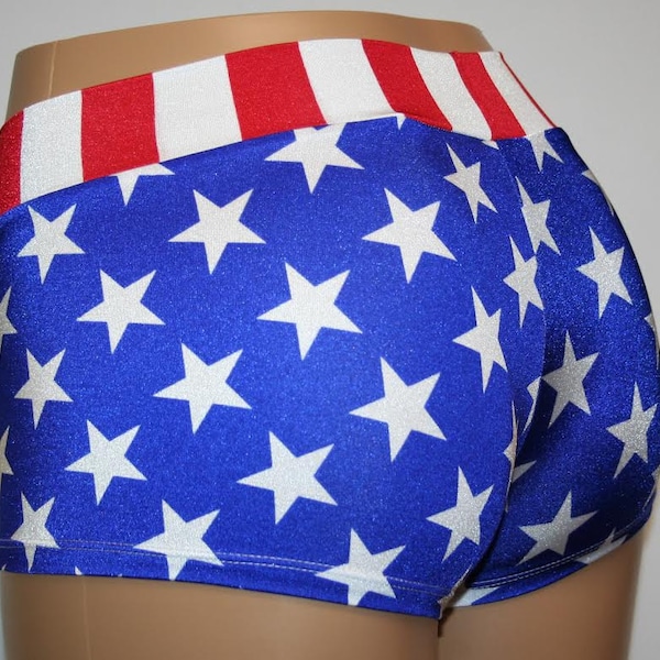 Patriotic Booty Shorts July 4th Red White & Blue Girls Women Custom Costume Cheer Dance Gym Rave Cosplay Roller Derby Stars Stripe