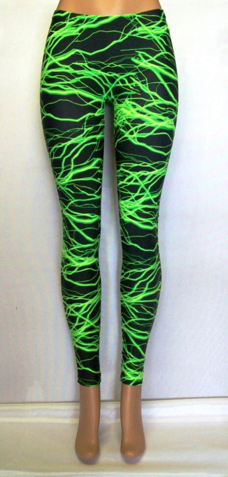 Glow Under Blacklight Storm Lightning Leggings in 5 Bright Colors Stretch Spandex great for Glo Parties Rave Roller Derby Cosplay Costume image 1