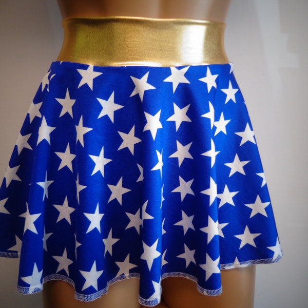 Superhero Mini Skirt: White Stars, Gold Waistband, Cosplay Costume