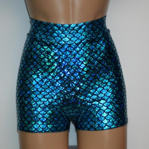 Mermaid 12 Colors Booty Shorts High Waisted Metallic Hologram Fish Scale Shiny Stretch Girls Women Costume Custom Rave Roller Derby Cosplay