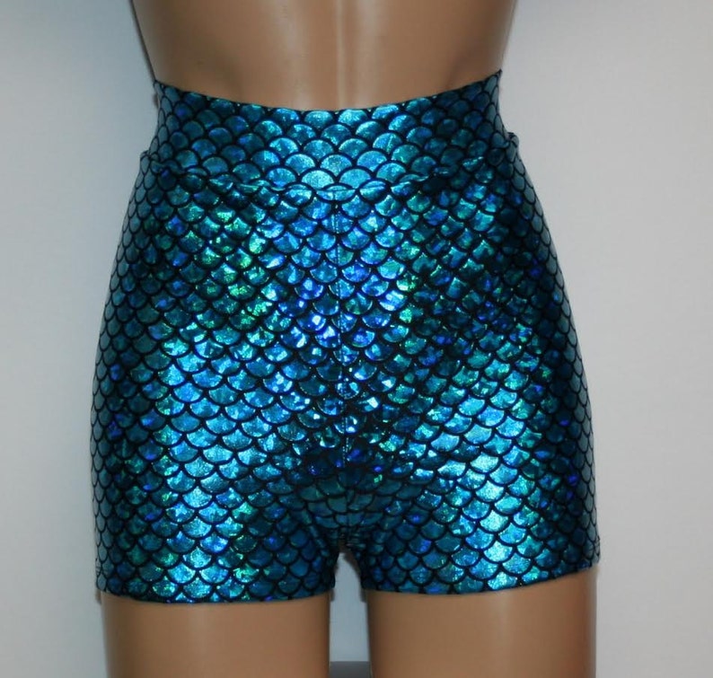 Mermaid 12 Colors Booty Shorts High Waisted Metallic Hologram Fish Scale Shiny Stretch Girls Women Costume Custom Rave Roller Derby Cosplay 
