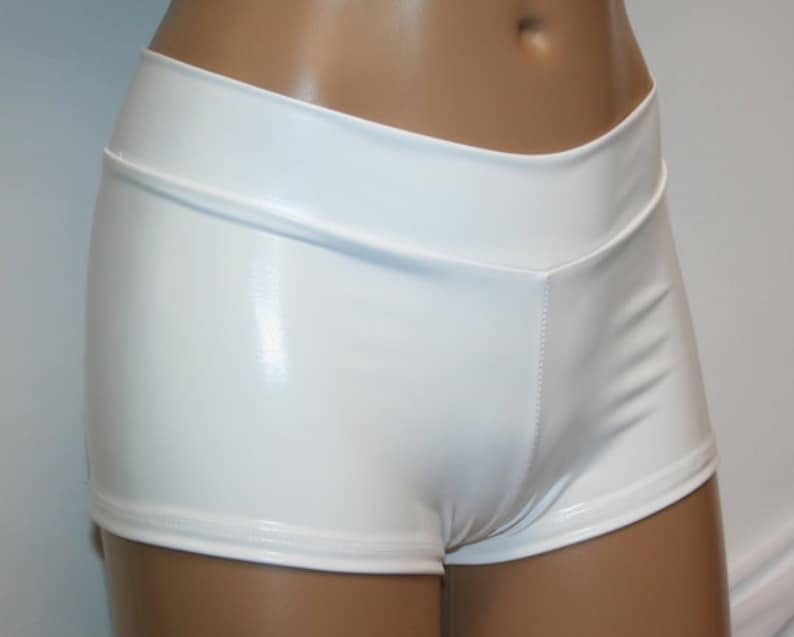 SPEERISE Womens Silver Shiny Metallic Shorts Mid Waisted Dance Fashion Fitness Nylon Lycra Spandex Skinny Elastic